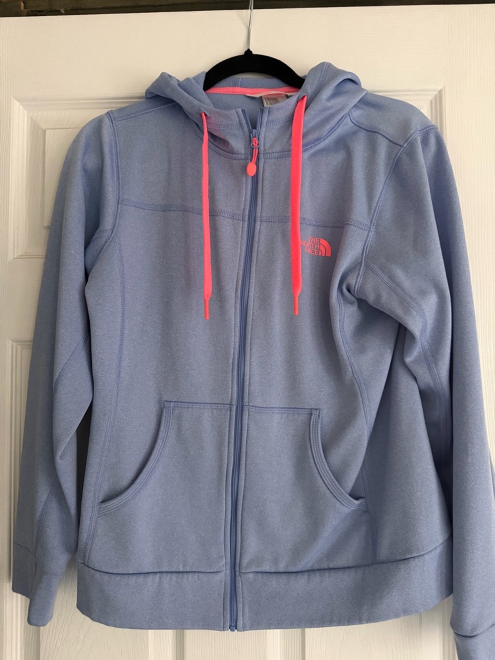 The North Face Light Blue Fleece Hoodie with Pink Accents size S